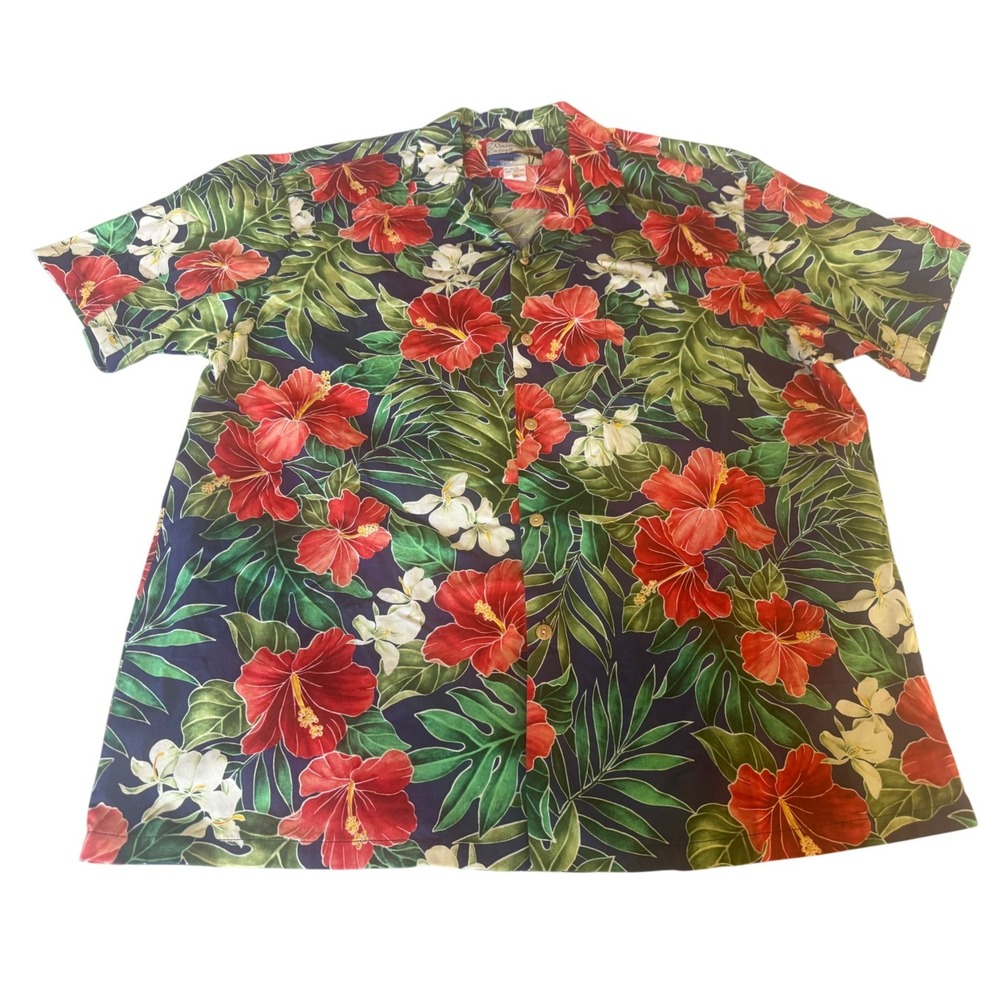 Waimea Casuals Mens Hibiscus Aloha Button Shirt Large Tropical Hawaiian Summer
